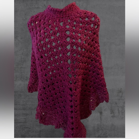 unbranded Sweaters - Magenta‎ Purple Pink Open Knit Boho Crochet Mock Neck Poncho